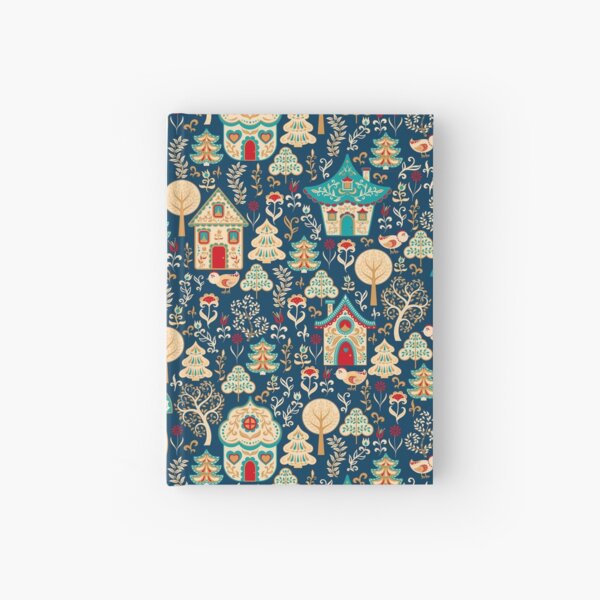Fabulous houses in a magical forest. Decorative seamless pattern on blue background. Folk Art. Scandinavian style. Hardcover Journal