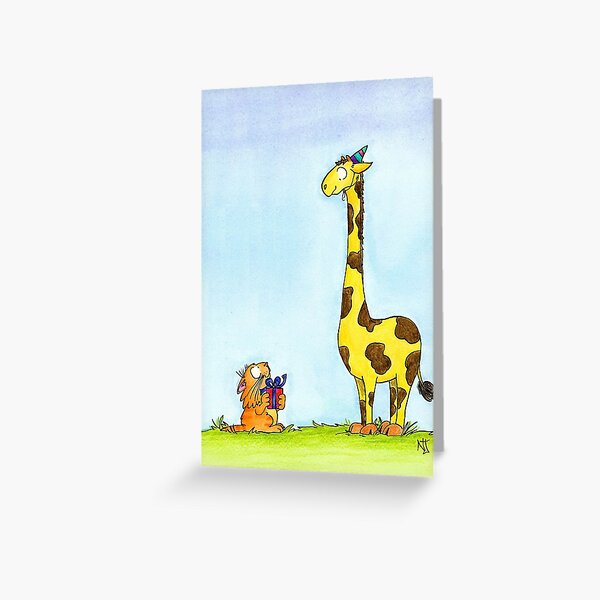 Giraffe Birthday with cat Greeting Card