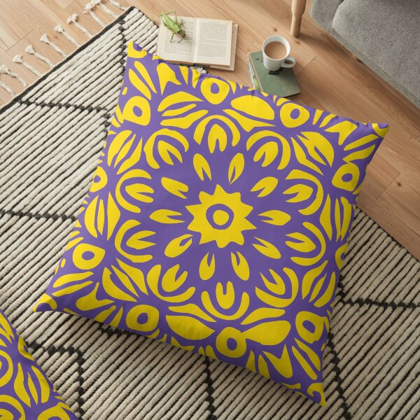 Floral Burst, Dark Purple & Yellow Mandala 22 Floor Pillow