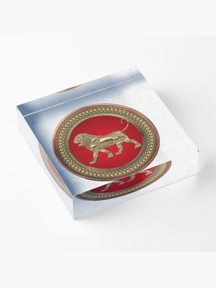 Alternate view of Gold Assyrian Lion on Red and Gold Medallion over White Leather Acrylic Block