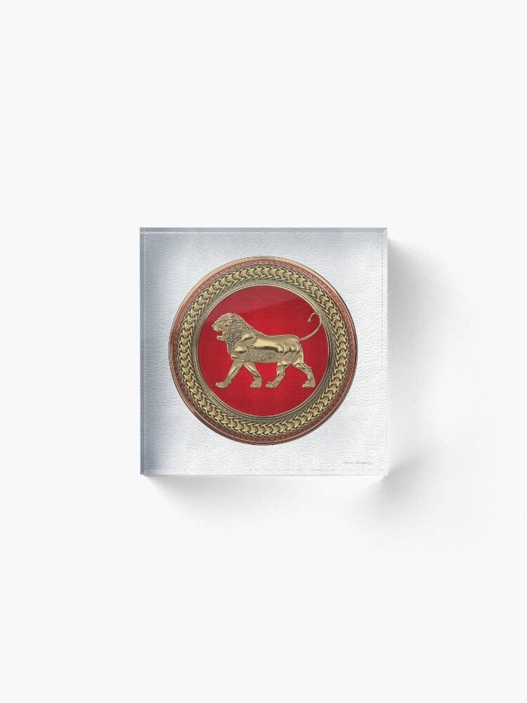 Alternate view of Gold Assyrian Lion on Red and Gold Medallion over White Leather Acrylic Block