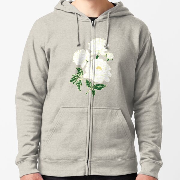White Peonies Zipped Hoodie
