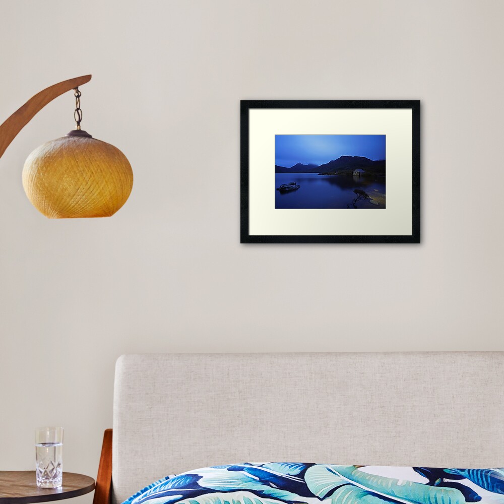 Rainy daybreak at the boat shed Framed Art Print