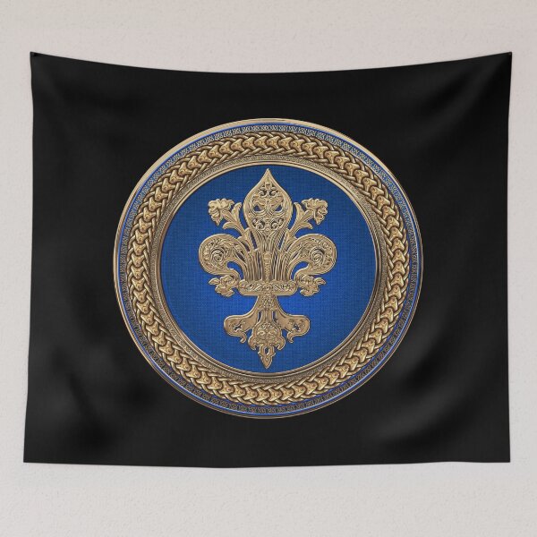 Item preview, Gold Filigree Fleur-de-Lis on Gold and Blue Medallion over Black Velvet designed and sold by Serge Averbukh Art Studio.