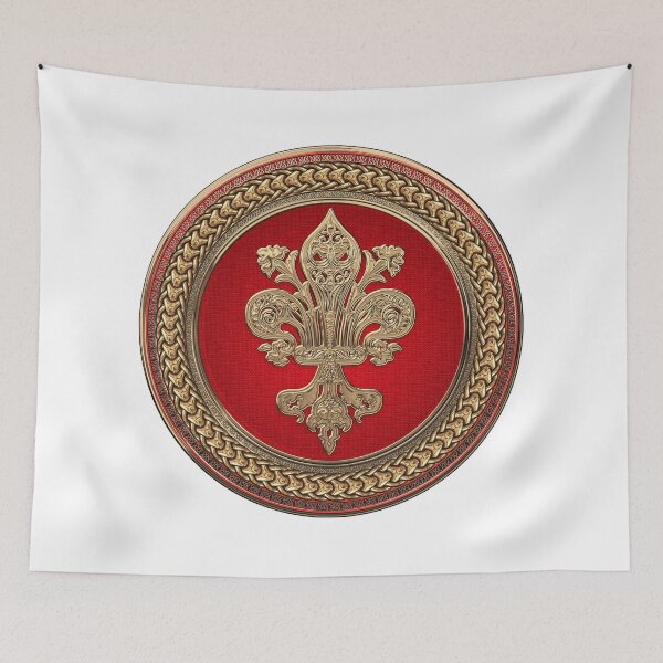 Item preview, Gold Filigree Fleur-de-Lis on Gold and Red Medallion over White Leather designed and sold by Serge Averbukh Art Studio.