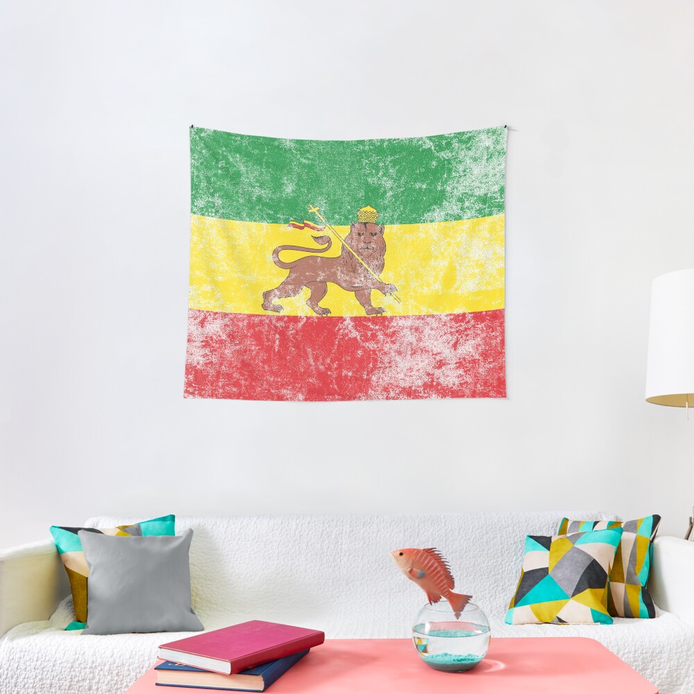 Old Flag of Ethiopia Lion of Judah Rastafarian Reggae Vintage Distressed Print Tapestry