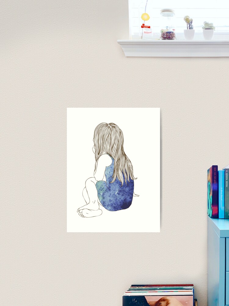 Little girl in a dress sitting back hair Art Print for Sale by