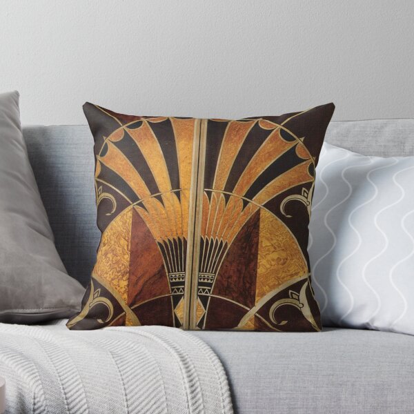 Art nouveau, art déco, vintage, élégant, chic, motif, or, bois, noir, bronze, argent, beige Coussin