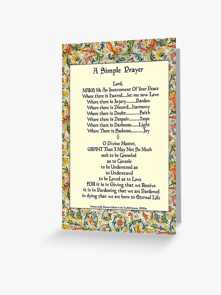 Tarjetas De Felicitacion San Francisco De Asis Simple Oracion Por La Paz De Desiderata4u Redbubble