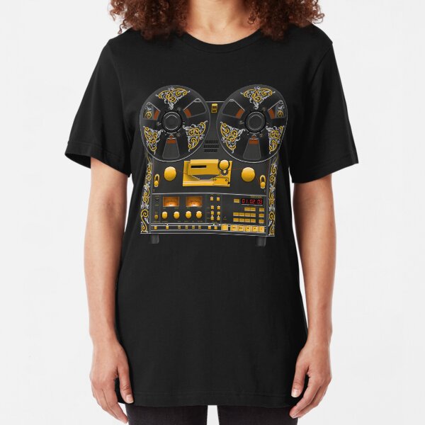 Reel to Reel Tape Deck Recorder with Vintage Scrolls Slim Fit T-Shirt