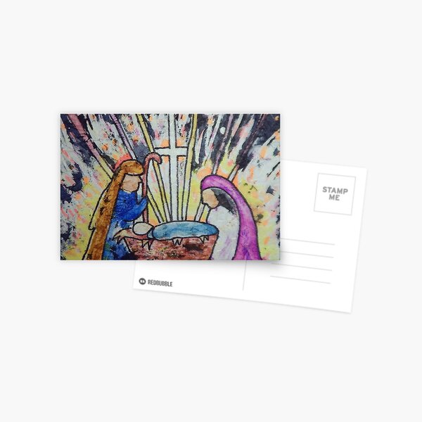 Christmas Watercolour Batik Creche Scene Postcard