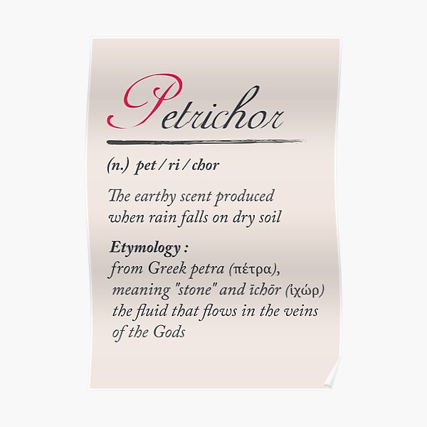 "Petrichor, dictionary definition, word meaning illustration, etymology