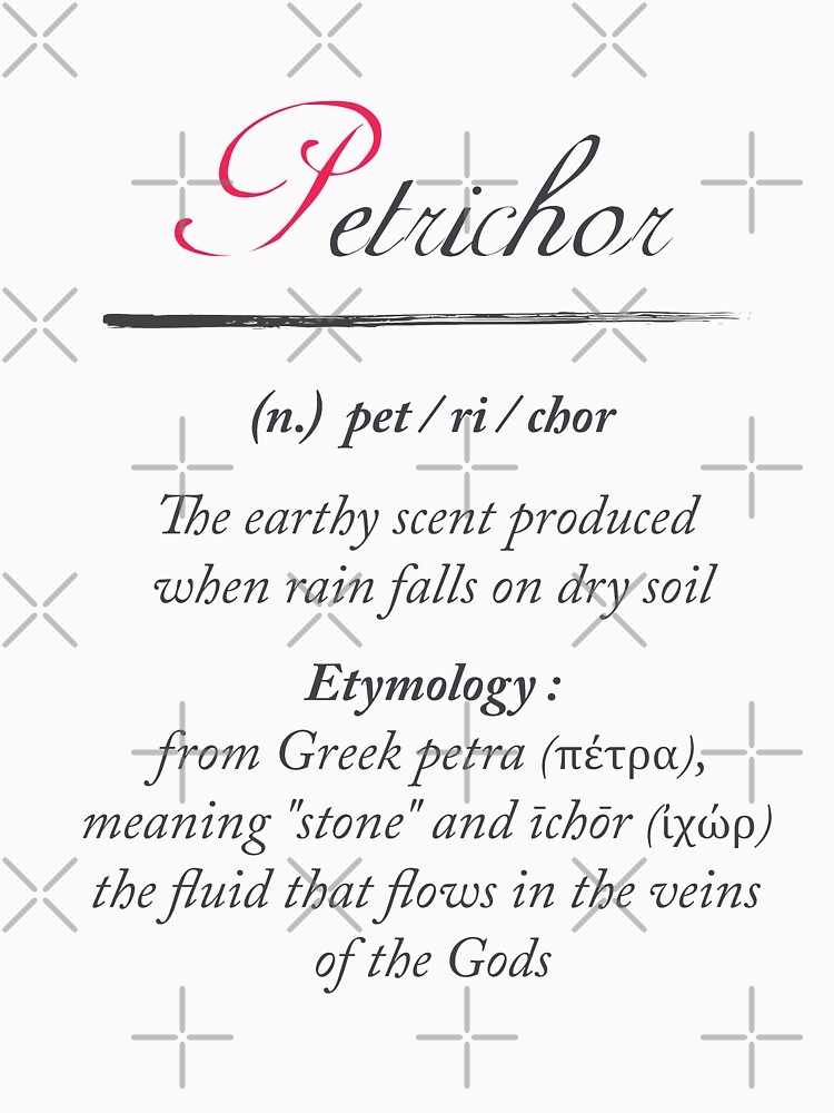 "Petrichor, dictionary definition, word meaning illustration, etymology