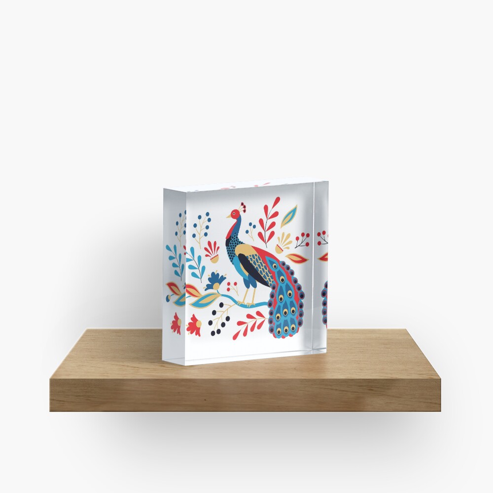 Folk Peacock Bright Acrylic Block