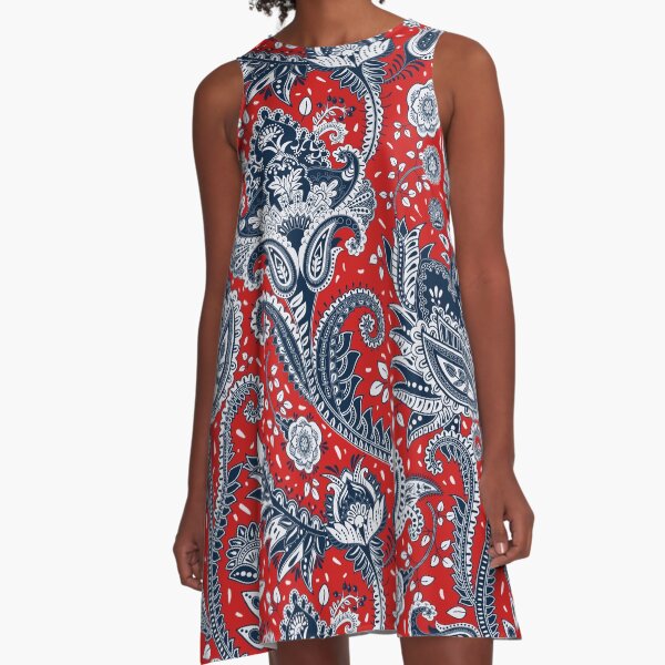 Red White & Blue Floral Paisley A-Line Dress