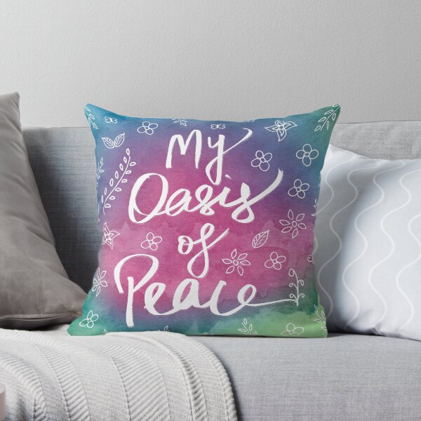 Spirituality Yoga Meditation Quote Art Print Oasis of Peace Pink Green Teal Colorful Watercolor Art Throw Pillow