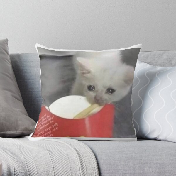 Sad Cat Eating French Fries Throw Pillow