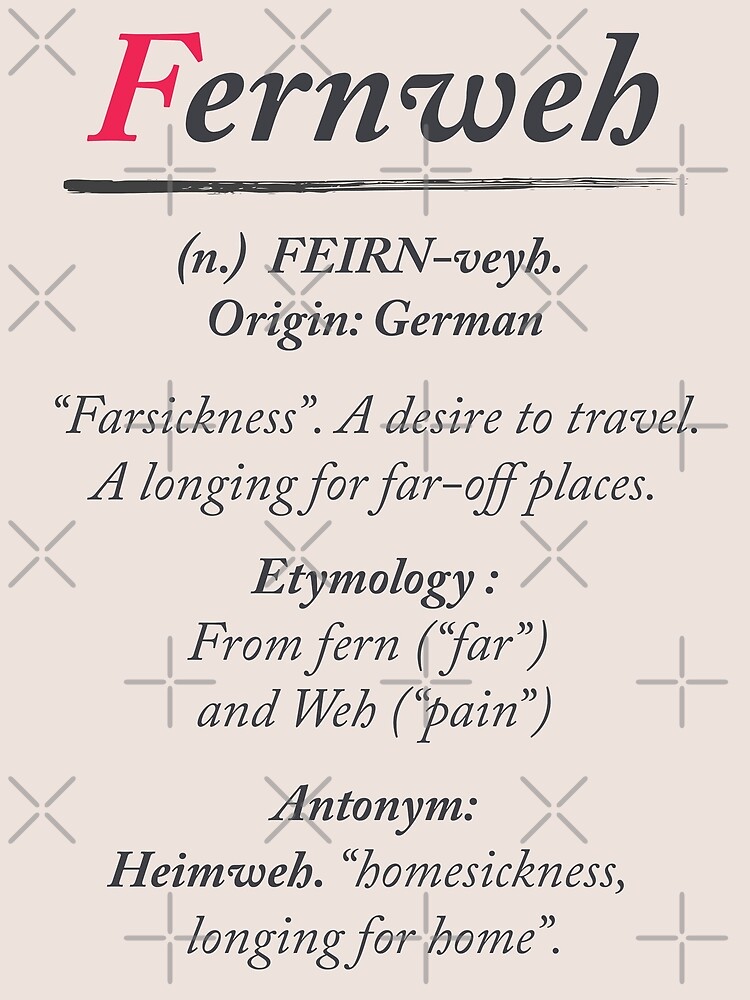 "Fernweh, dictionary definition, word meaning illustration, etymology