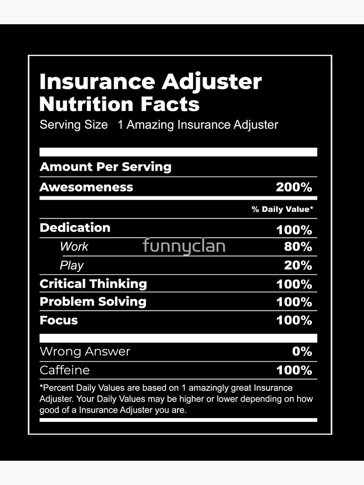 "Funny Insurance Adjuster Tshirt (Nutrition Facts Parody Meme)" Poster