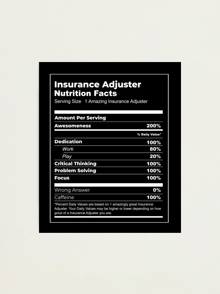 Funny Insurance Adjuster T Shirt Nutrition Facts Parody Meme Photographic Print For Sale By Funnyclan Redbubble