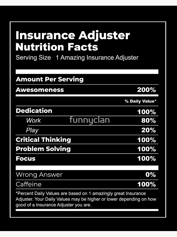 Funny Insurance Adjuster T Shirt Nutrition Facts Parody Meme Art Board Print For Sale By Funnyclan Redbubble
