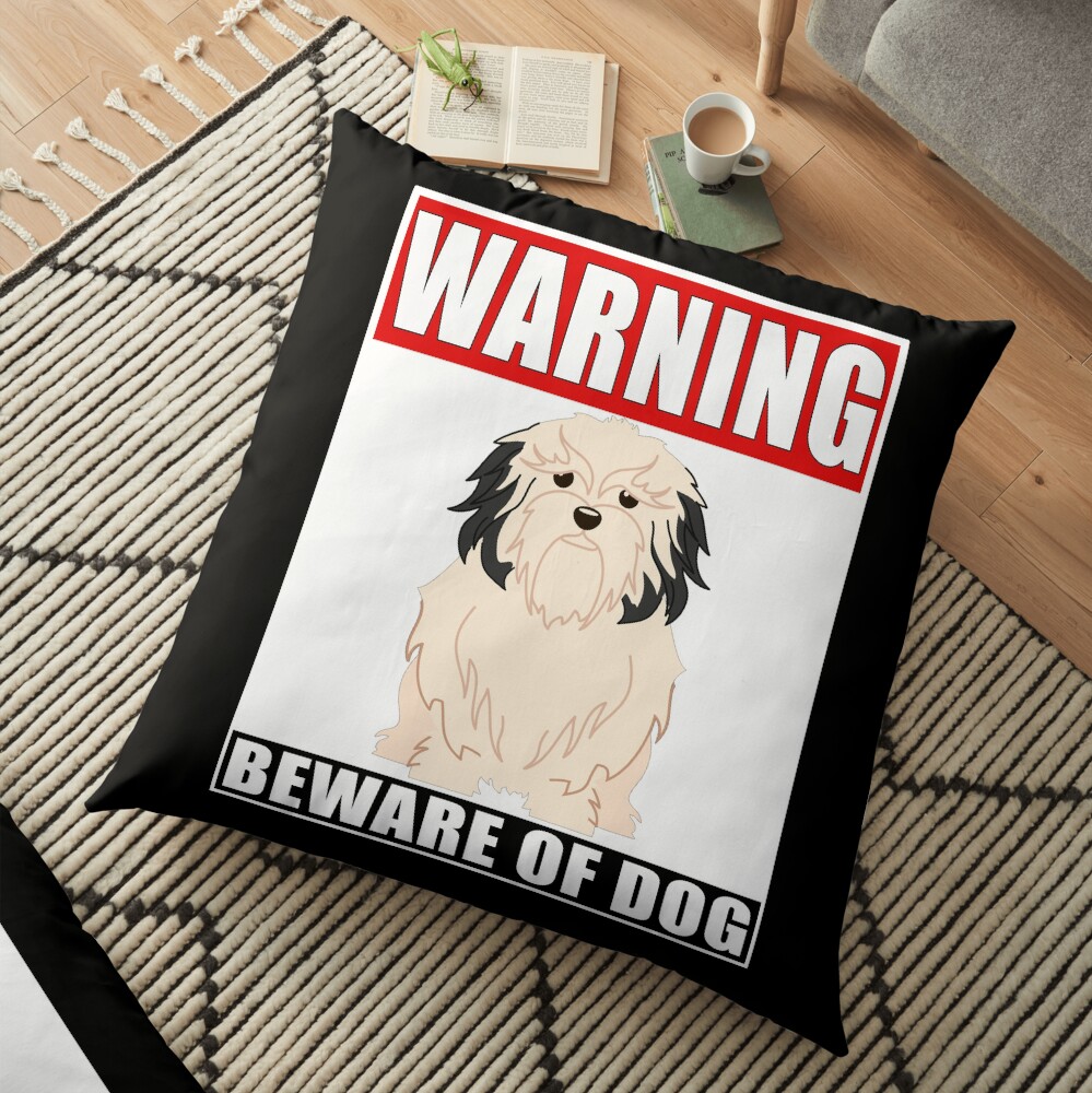 Warning Lowchen Beware Of Dog Sticker - Funny Gift For Lowchen Dog Owner Floor Pillow