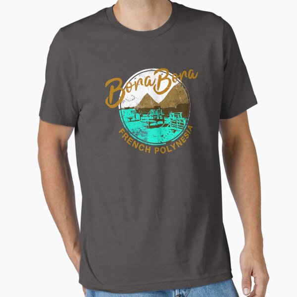 Vista previa del artículo con la obra « Dos de los principales destinos de luna de miel del mundo. Diseño de viaje retro vintage Bora Bora Tahitian con bungalow sobre el agua y agua clara de la laguna perfecta para bucear», diseñado y vendido por IronEcho.
