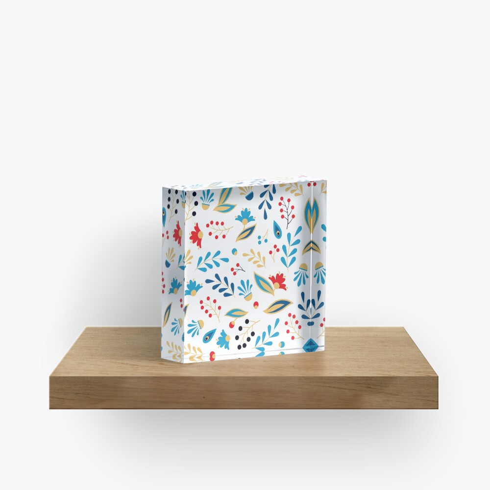 Folk Leaves and Flowers Bright Acrylic Block