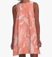 Living coral with flying white feathers A-Line Dress