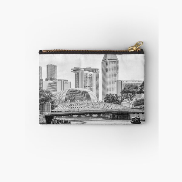 Item preview, Bum boats on the Singapore river and hotels skyline designed and sold by Kevin Hellon.