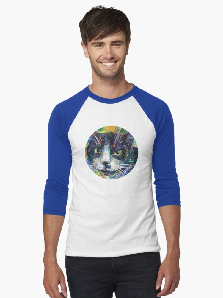 Thumbnail 1 of 3, Baseball ¾ Sleeve T-Shirt, Tuxedo Cat Face designed and sold by gwennpaints.