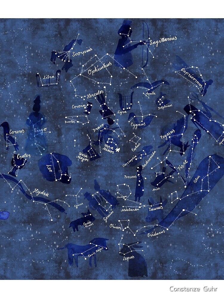 Nachthimmel mit Sternzeichen und lateinischen Sternbildnamen, Sternenkarte von Littlberlingirl