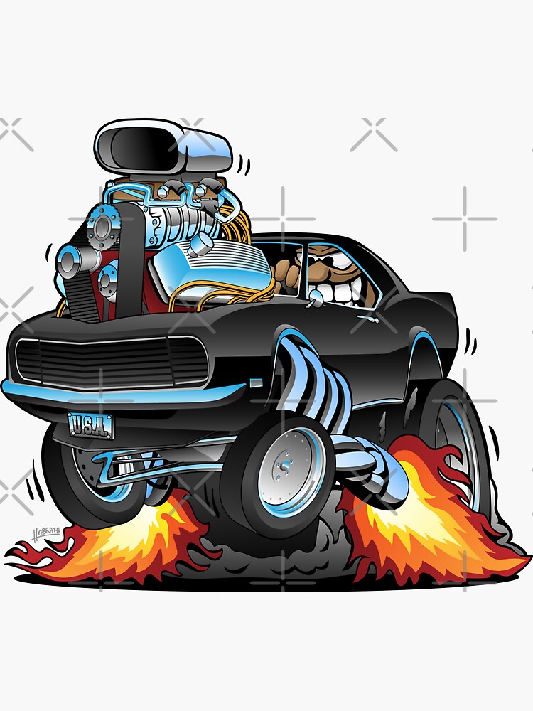 Classic Sixties American Muscle Car Popping a Wheelie Cartoon Illustration by hobrath