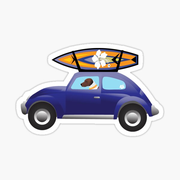 Harrier driving a purple beatle car on the beach with a surfboard on top. Sticker