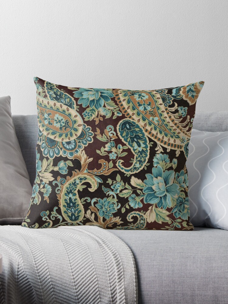 Brown Turquoise Paisley Throw Pillow