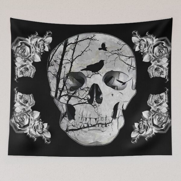 Item preview, Gothic Black Crow Skull Silhouette White Rose Art A353 designed and sold by byNicol.