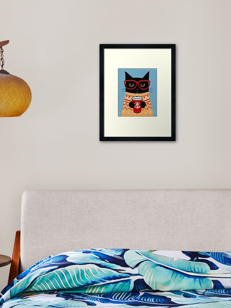 Thumbnail 1 of 7, Framed Art Print, Black Cat in Sweater with Latte designed and sold by kilkennycat.