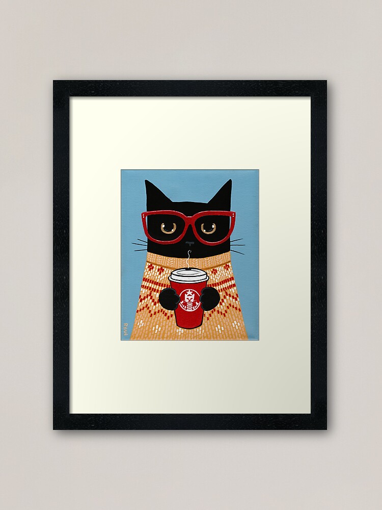 Thumbnail 2 of 7, Framed Art Print, Black Cat in Sweater with Latte designed and sold by kilkennycat.