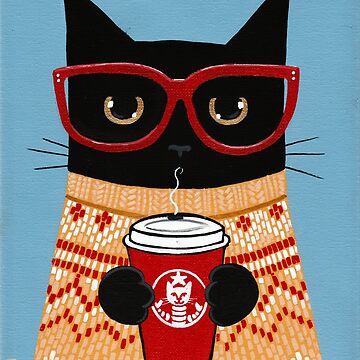 Artwork thumbnail, Black Cat in Sweater with Latte by KilkennyCat Art