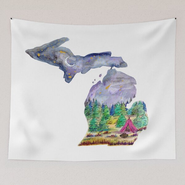 Item preview, Original Watercolor Art Michigan State Travel Camping Night Sky Home Decor The Mitten Art Up North designed and sold by WoodlandMeadows.