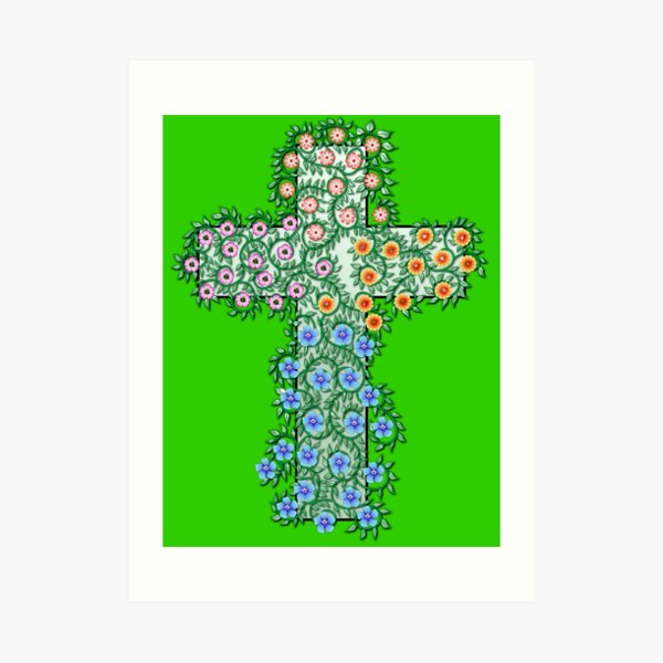Kreuz mit Blumen und Ranken Kunstdruck