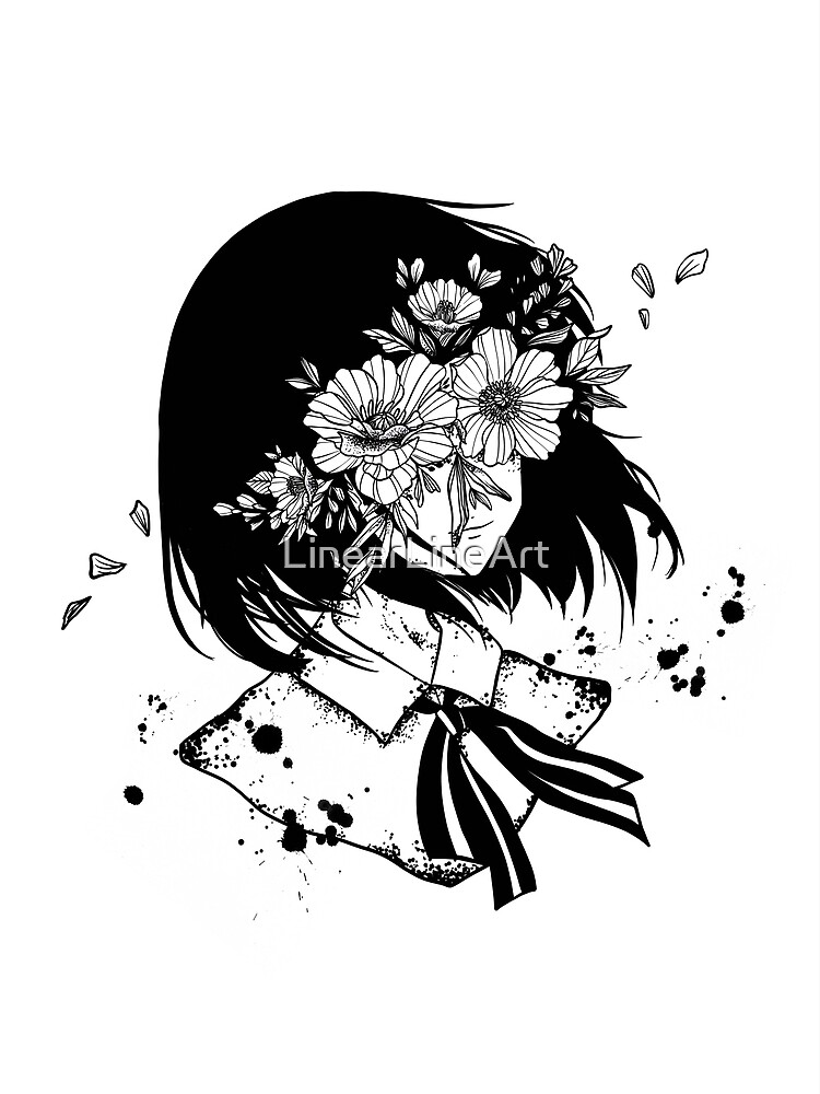 Premium Vector  A black and white poster of a anime girl with flowers in  her hair.