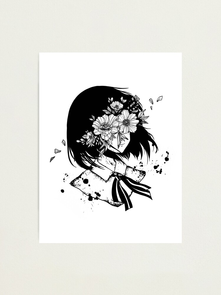 "Anime flower girl black and white " Photographic Print for Sale by
