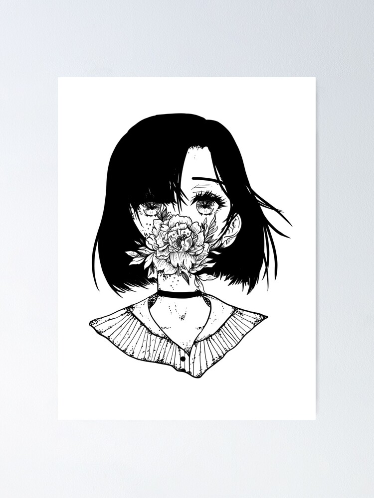 Premium Vector  A black and white poster of a anime girl with flowers in  her hair.