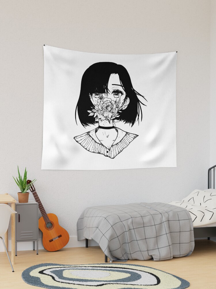 Black and discount white anime tapestry