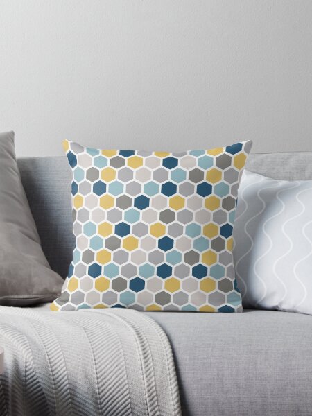 Item preview, Geometric Hexagon Blue Grey Yellow Print Pattern designed and sold by ColorFlowArt.