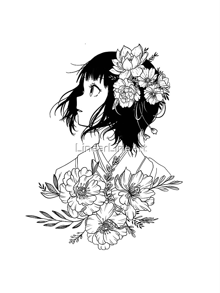 "Anime girl flowers black and white" Photographic Print for Sale by