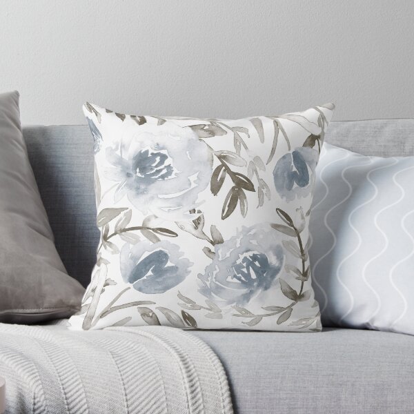Loose florals in dusty blue and taupe Throw Pillow
