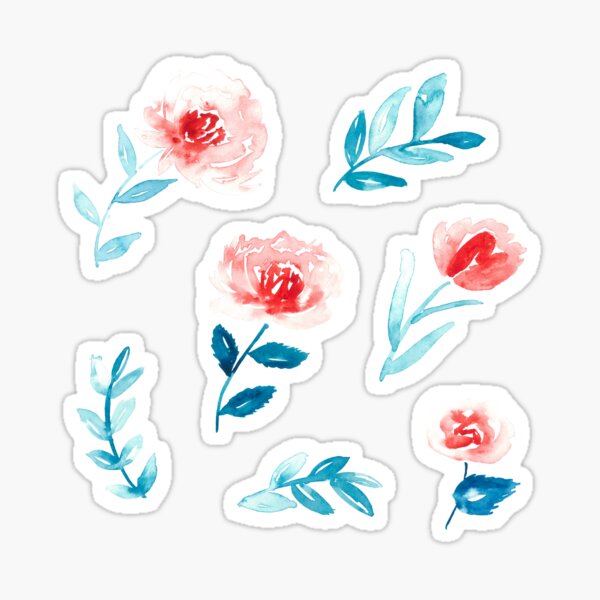 Set of floral watercolor stickers in coral and turquoise Sticker