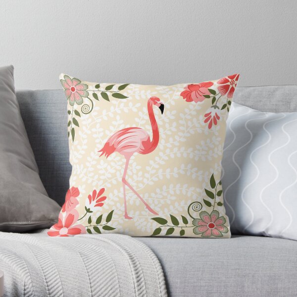 Flamingo with Flowers Illustration Throw Pillow